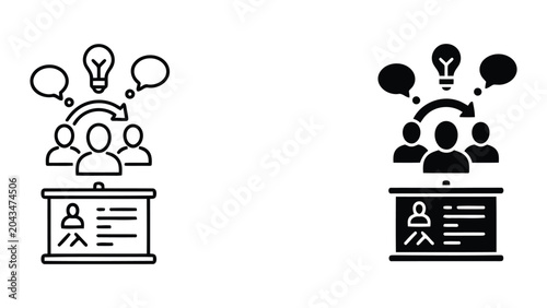 Business presentation and creative brainstorming session as a vector icon set for corporate training and professional meeting materials