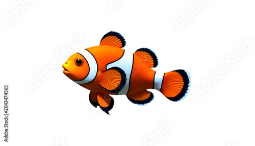 A single orange clownfish with white stripes and black edges isolated on a black background isolated on a transparent background