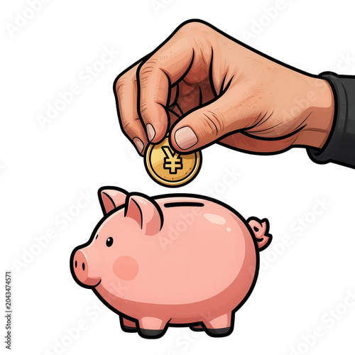 Hand Dropping Yen Coin Into Pink Piggy Bank