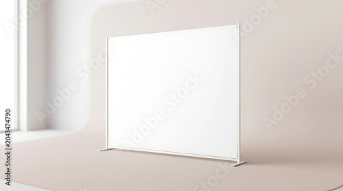Blank white exhibition backdrop banner mockup for event branding, trade show booth display, promotional signage, empty frame