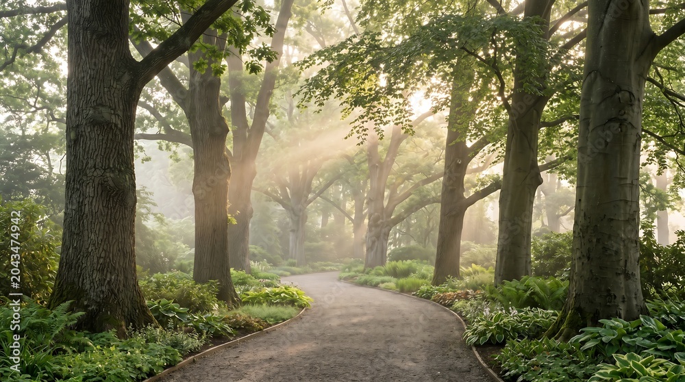 Fototapeta premium Misty botanical garden path at sunrise