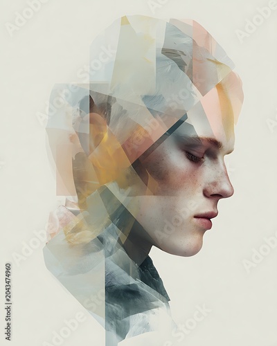 Abstract portrait of a person with geometric overlays.