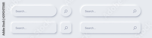 Neomorphic search bar set. SEO background. Rounded panels with search fields and magnifier symbols on light background. Modern vector illustration in neomorphism style for digital marketing solutions.