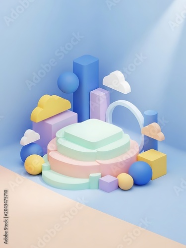3D Pastel Geometric Podium for Product Display with Abstract Shapes and Clouds