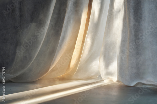Sunlight filtering through sheer, flowing curtains, creating warm light and sharp shadows on the floor, evoking a calm and ethereal atmosphere.