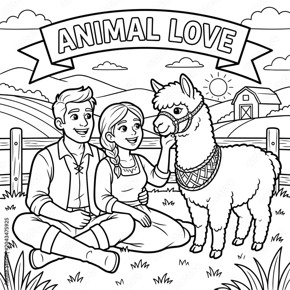 Naklejka premium Couple with llama on a farm vector illustration