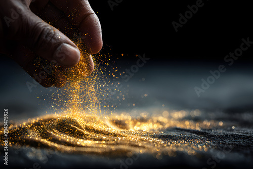 A hand sprinkles sparkling golden glitter onto a dark surface, creating a shimmering pile and scattered particles. Dark background with bokeh.