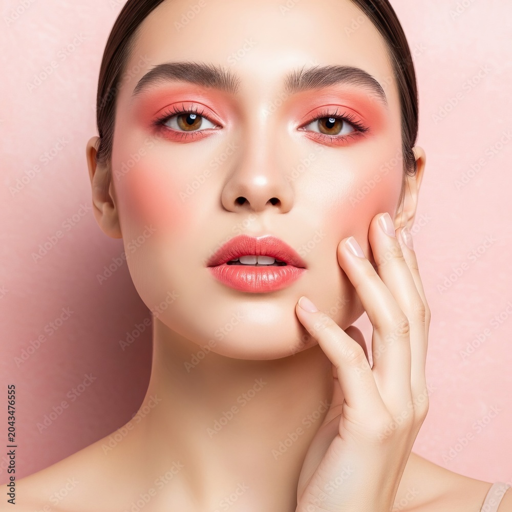 Fototapeta premium Luminous porcelain skin featuring soft coral makeup and a gentle expression, hand touching cheek against a pastel blush luxury background, expression, porcelain, hydrated