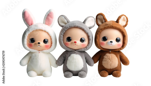 Three cute plush dolls wearing animal costumes of a white rabbit, grey mouse, and brown bear isolated on a transparent background