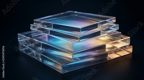 Abstract 3D Stacked Translucent Glass Blocks with Iridescent Reflections
