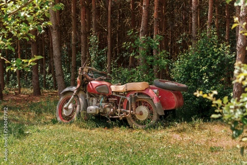 Photography Old motorcycle with rusty sidecar and faded red paint parked on grassy area near