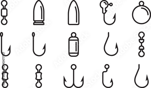 Fotografi Fishing hooks sinkers and swivels terminal tackle outline icons set