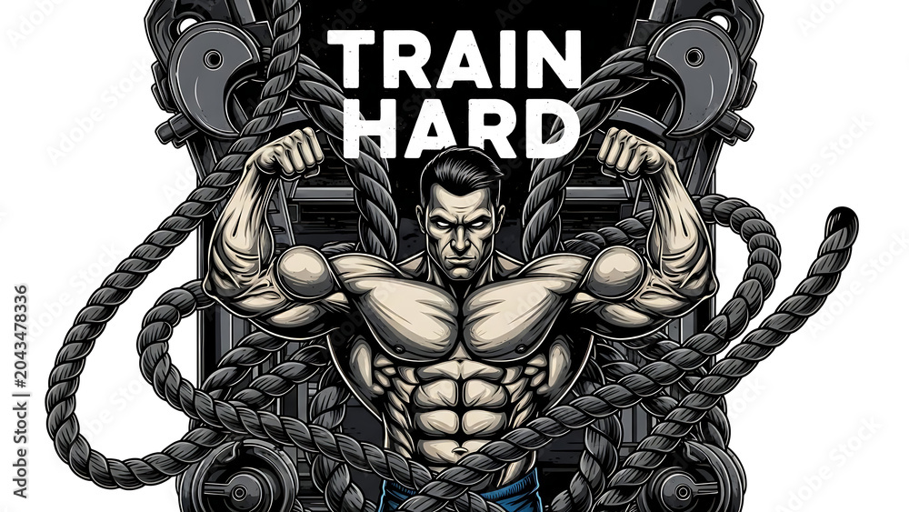Fototapeta premium A muscular man lifting weights with 'train hard' text, surrounded by ropes isolated on a transparent background