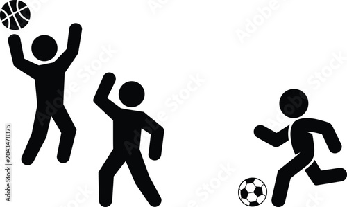 Three stylish icons showing basketball, volleyball, and soccer actions