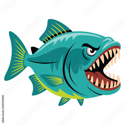 Open mouth predatory fish isolated on white background in vector style. Ideal for aquatic wildlife, ocean predator, and fishing related projects.