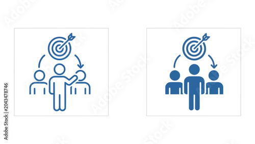 Target audience and leadership communication icon set showing team members with bullseye goals in professional blue vector line and solid styles for marketing and management presentations