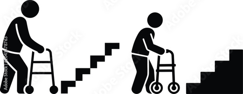 Elderly person using walker on stairs comparison