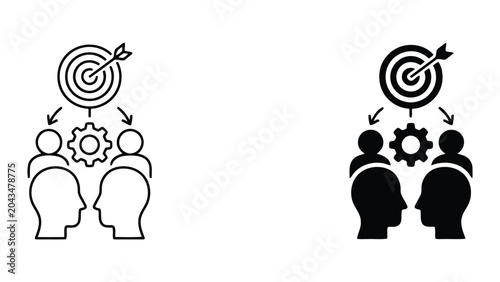 Professional business strategic planning and target achievement icon set featuring leader profiles with gear and target symbols as linear and solid vector illustrations