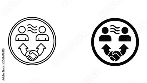 Business handshake icon inside a circular frame with bidirectional arrows representing partnership and mutual agreement as a professional vector symbol