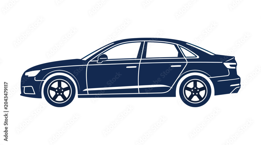 Fototapeta premium Modern Sedan Car Silhouette, Blue Outline, White Background, Vector Art
