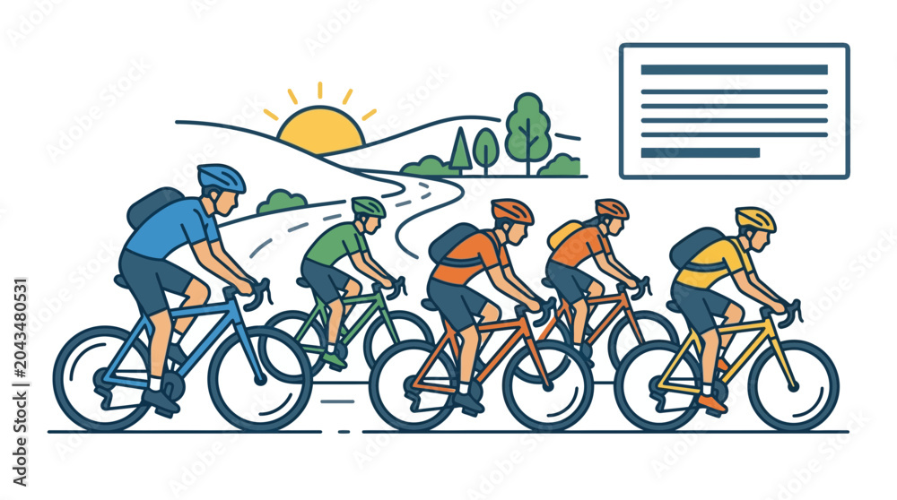 Fototapeta premium A group of five cyclists riding their bicycles in a line during a sunny day.