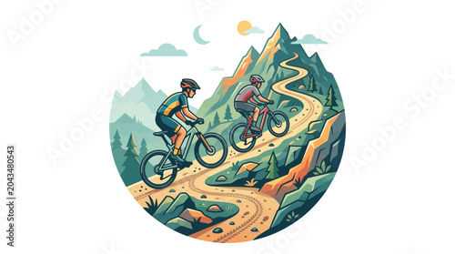 Obraz na plátně Two mountain bikers riding bicycles along a winding trail up a steep mountain slope