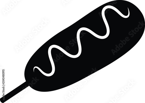 Black and white corn dog icon with mustard swirl on a wooden stick