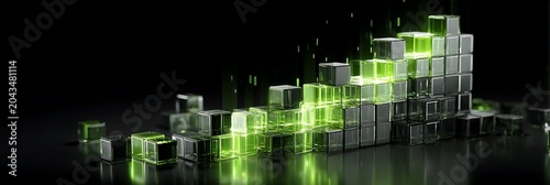 Futuristic financial bar chart made of glowing green glass cubes rising steadily on dark reflective surface representing digital growth and blockchain technology