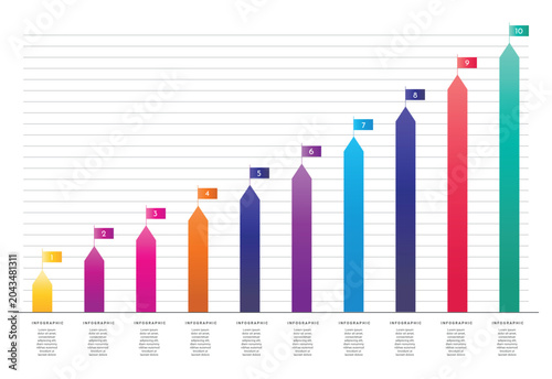 Ten Step Growth Chart Infographic Template. Colorful ten step growth chart infographic with rising bars, numbers, grid lines, and text sections.