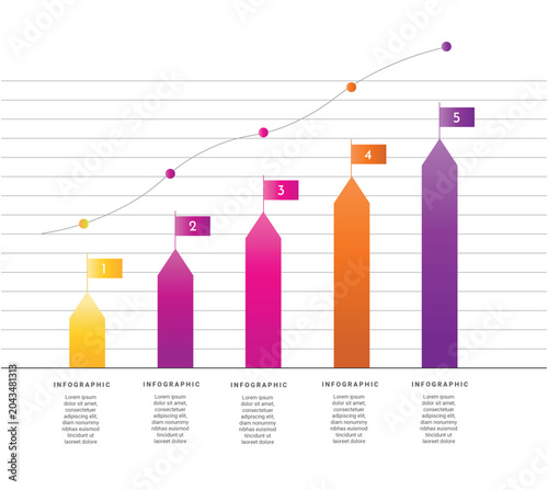 Five Step Growth Chart Infographic Template. Colorful five step growth chart infographic with rising bars, line graph, numbers, and business text sections.