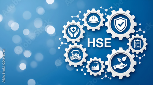 Health, Safety, and Environment (HSE) icons representing protection, industry, and sustainability on a blue background