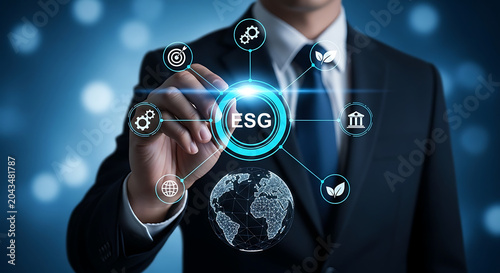 Professional touching digital esg holographic icons for corporate sustainability