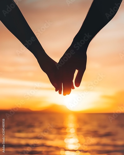 Couple Holding Hands Together at Sunset Ocean Beach