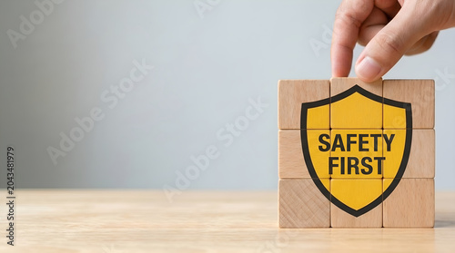 Hand placing wooden blocks with a 'Safety First' message and shield icon, symbolizing crucial health, security, and accident prevention strategies for a secure environment