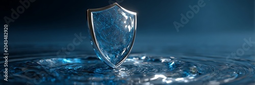Digital security shield with glowing blue network pattern standing in rippling water representing cyber protection, data privacy, and advanced online safety solutions