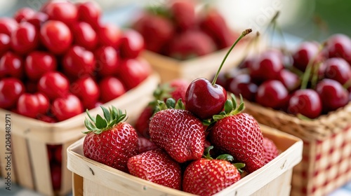 Fresh strawberries and cherries in market baskets, vibrant and ripe for picking