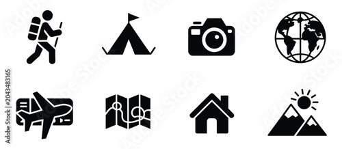 Foto Adventure travel and tourism icon black silhouettes for camping, hiking, trekkin