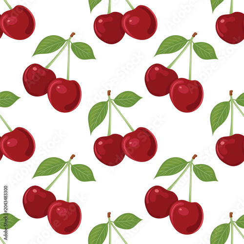 Red cherry seamless pattern, vector ripe cherries branch with green leaves.