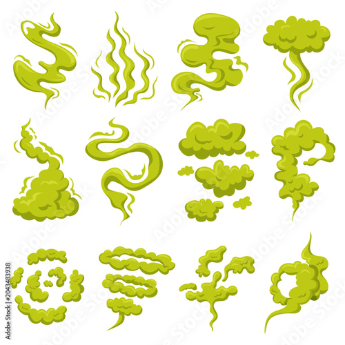 Bad smell cloud set vector isolated. Illustration of toxic smell, green gas clouds. Stinky steam. Collection of stinky air shapes. Poisonous cloud.