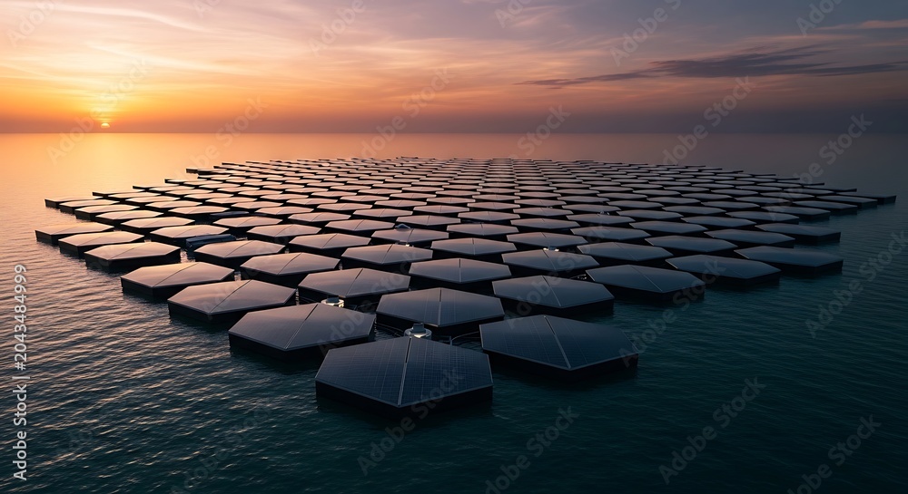 Fototapeta premium Expansive hexagonal solar panel array floating on the ocean at sunset, showcasing renewable energy innovation.