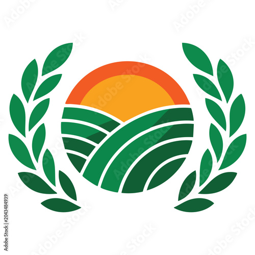 Round agricultural logo icon featuring valley and sun in vector format. Natural farming symbol for eco and countryside themed designs.