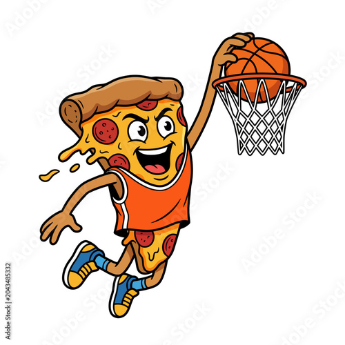 A cartoon pizza character wearing an orange jersey dunks a basketball with excitement and joy in a lively sports scene.