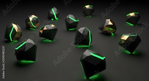 Low Poly Black Diamonds with Glowing Green Neon Lines and Gold Accents
