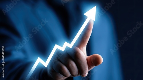 Digit pointing at upward glowing graph symbolizing success and growth