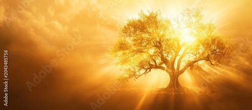 Majestic ancient tree illuminated by powerful golden sun rays, creating a radiant and spiritual landscape.