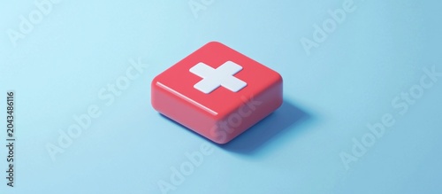 Minimalist 3D Red First Aid Kit Box with White Cross on Blue Background, Medical Help Symbol