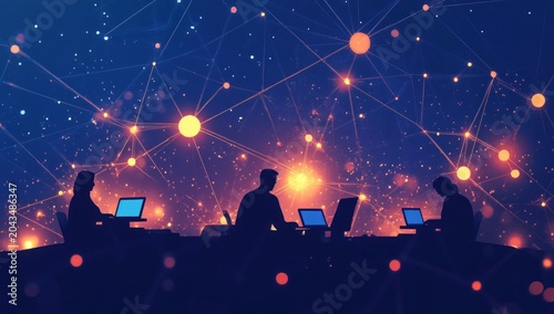 Silhouettes of people working on laptops connected by a glowing global data network, illustrating technology, communication, and digital collaboration