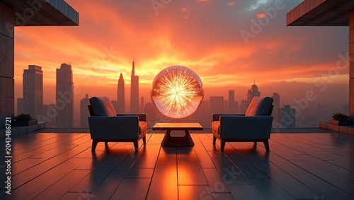 Two dark leather armchairs flank a wooden side table with a glowing starburst orb lamp, set on a polished rooftop terrace overlooking a skyscraper skyline beneath vivid orange sunset skies.