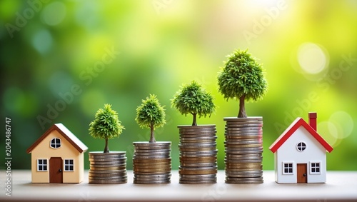 Miniature houses flank rising coin stacks topped with growing small trees against soft blurred green foliage, symbolizing real estate wealth and investment growth.