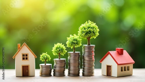 Two miniature houses flank rising coin stacks topped with growing green trees against soft blurred green foliage, representing rising property and investment value.